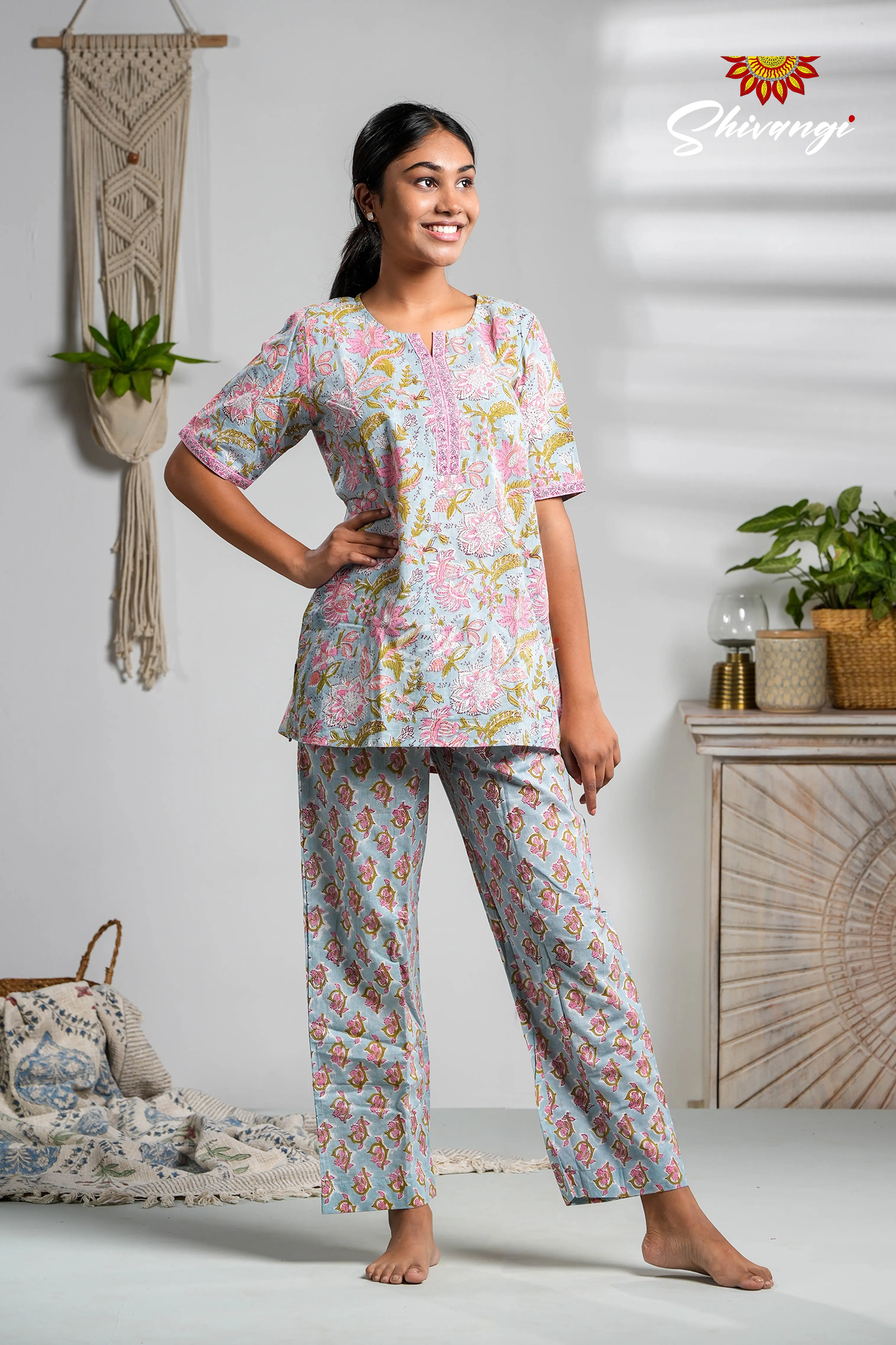 Blue And Pink Floral Print Cotton Night Wear Set For Women !!!