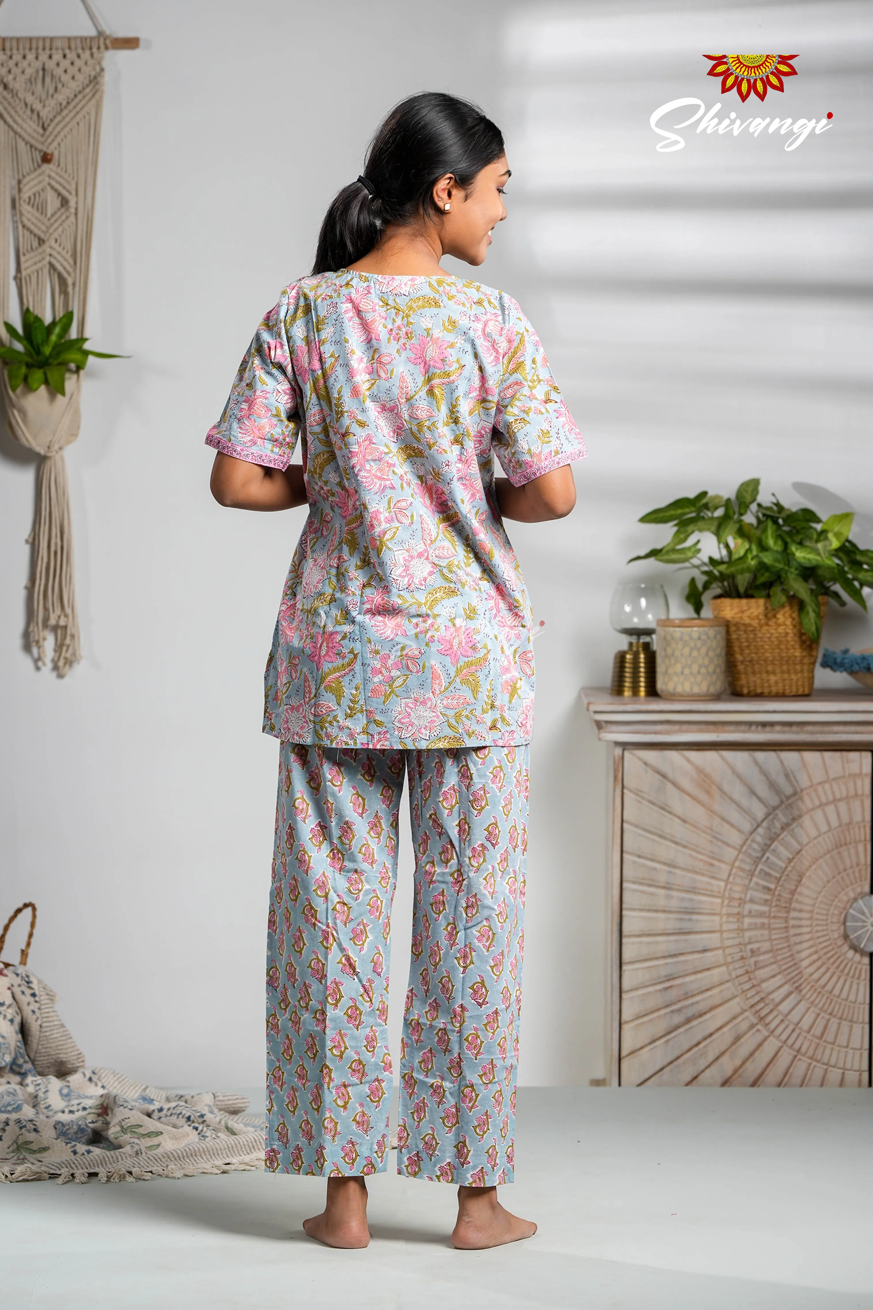 Blue And Pink Floral Print Cotton Night Wear Set For Women !!!