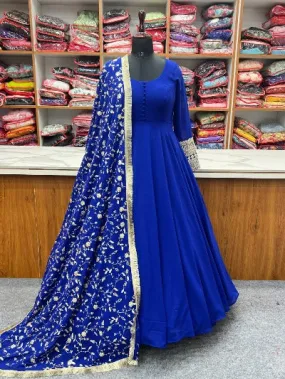 Blue Georgette Gold Sequence Anarkali Kurti Dupatta Set