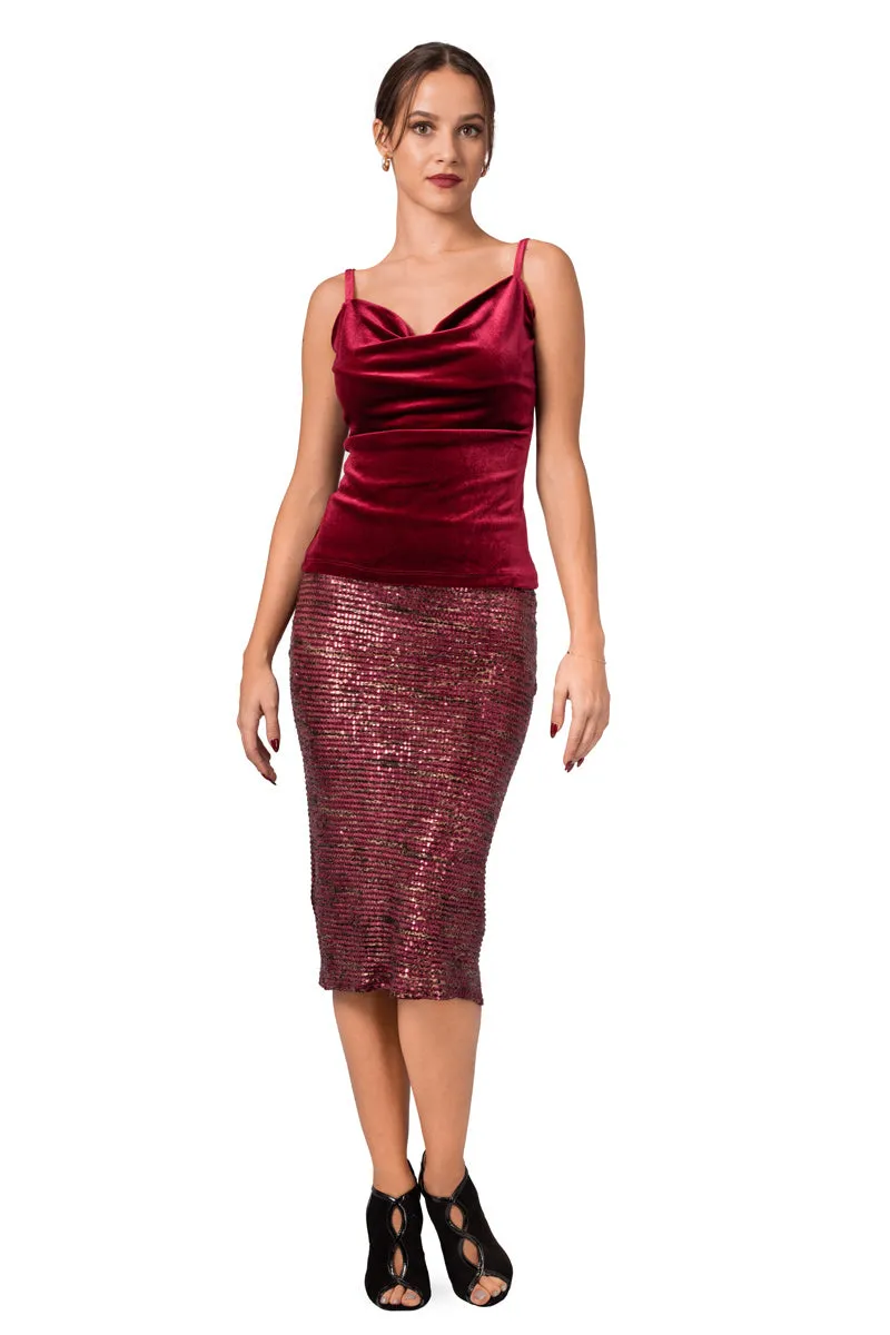 Burgundy Paillette Fishtail Skirt With Velvet Waistband