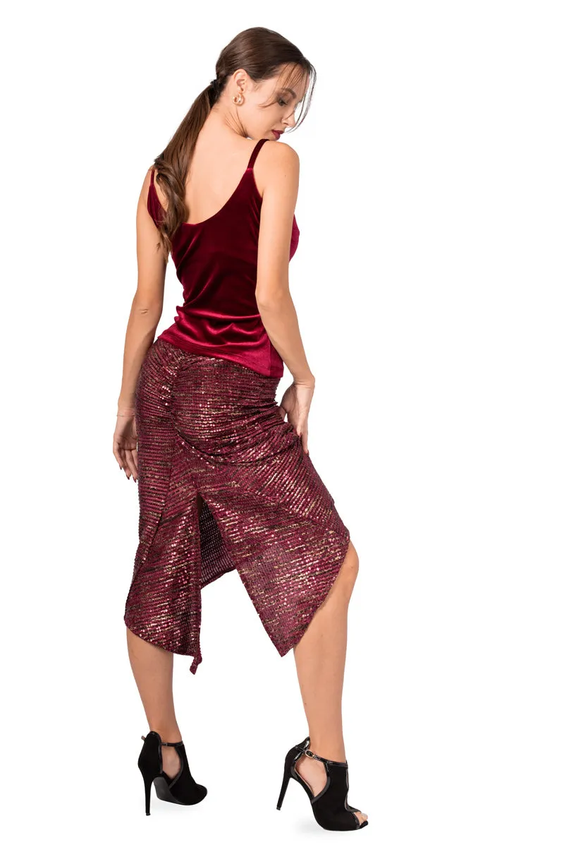 Burgundy Paillette Fishtail Skirt With Velvet Waistband