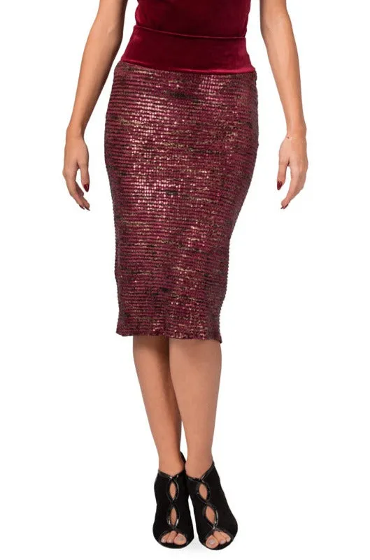 Burgundy Paillette Fishtail Skirt With Velvet Waistband