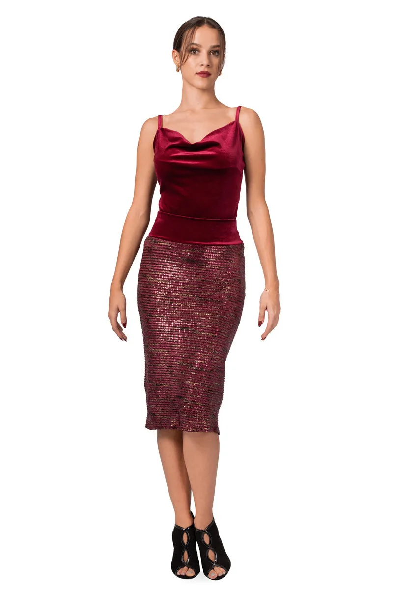 Burgundy Paillette Fishtail Skirt With Velvet Waistband