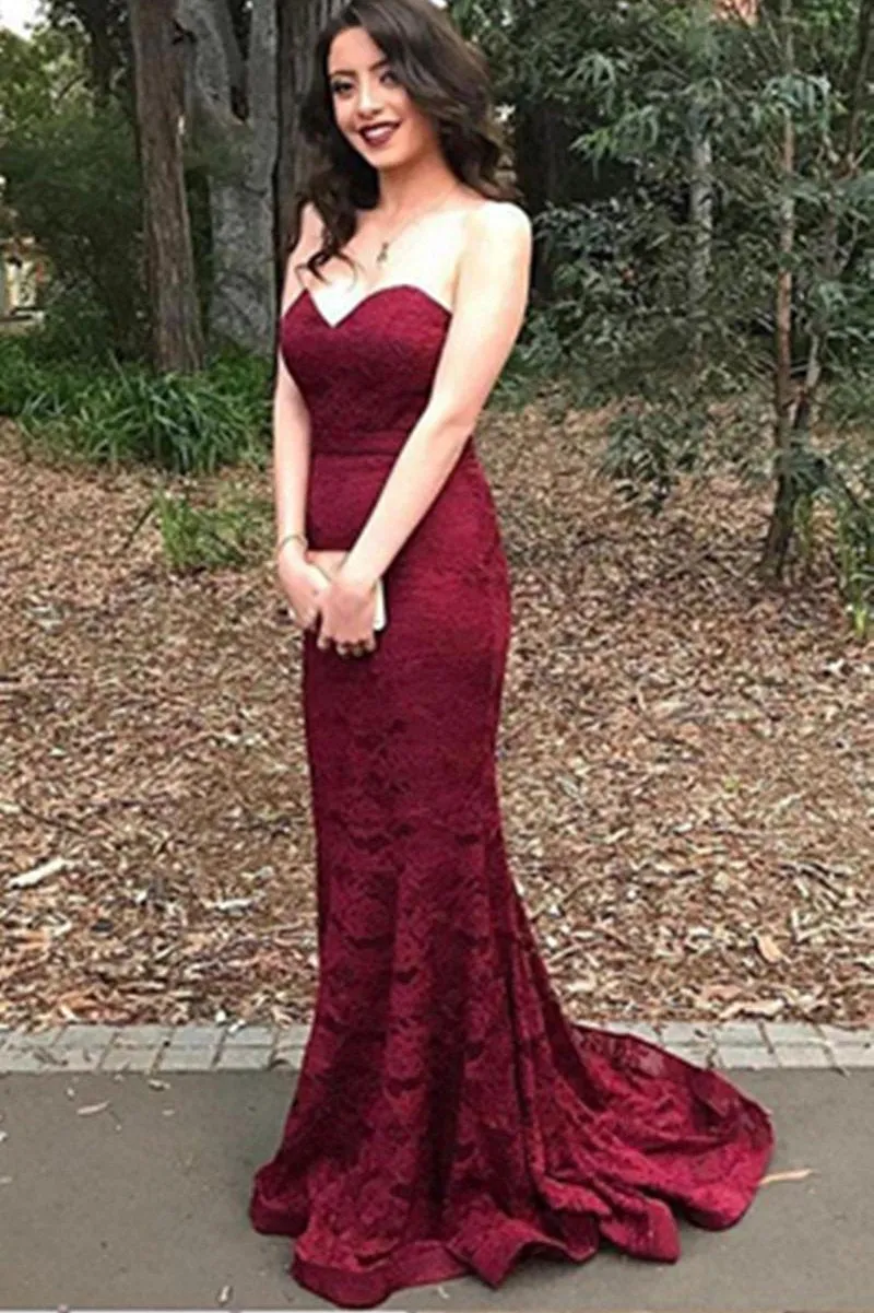 Burgundy Sweetheart Strapless Lace Mermaid Cheap Long Prom Dress Bridesmaid Dresses