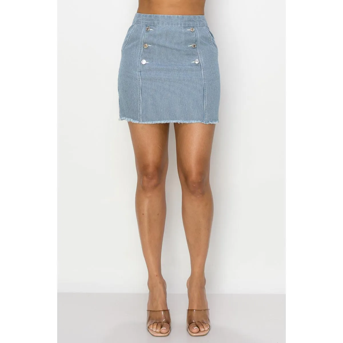 Button Frayed Denim Mini Skirt