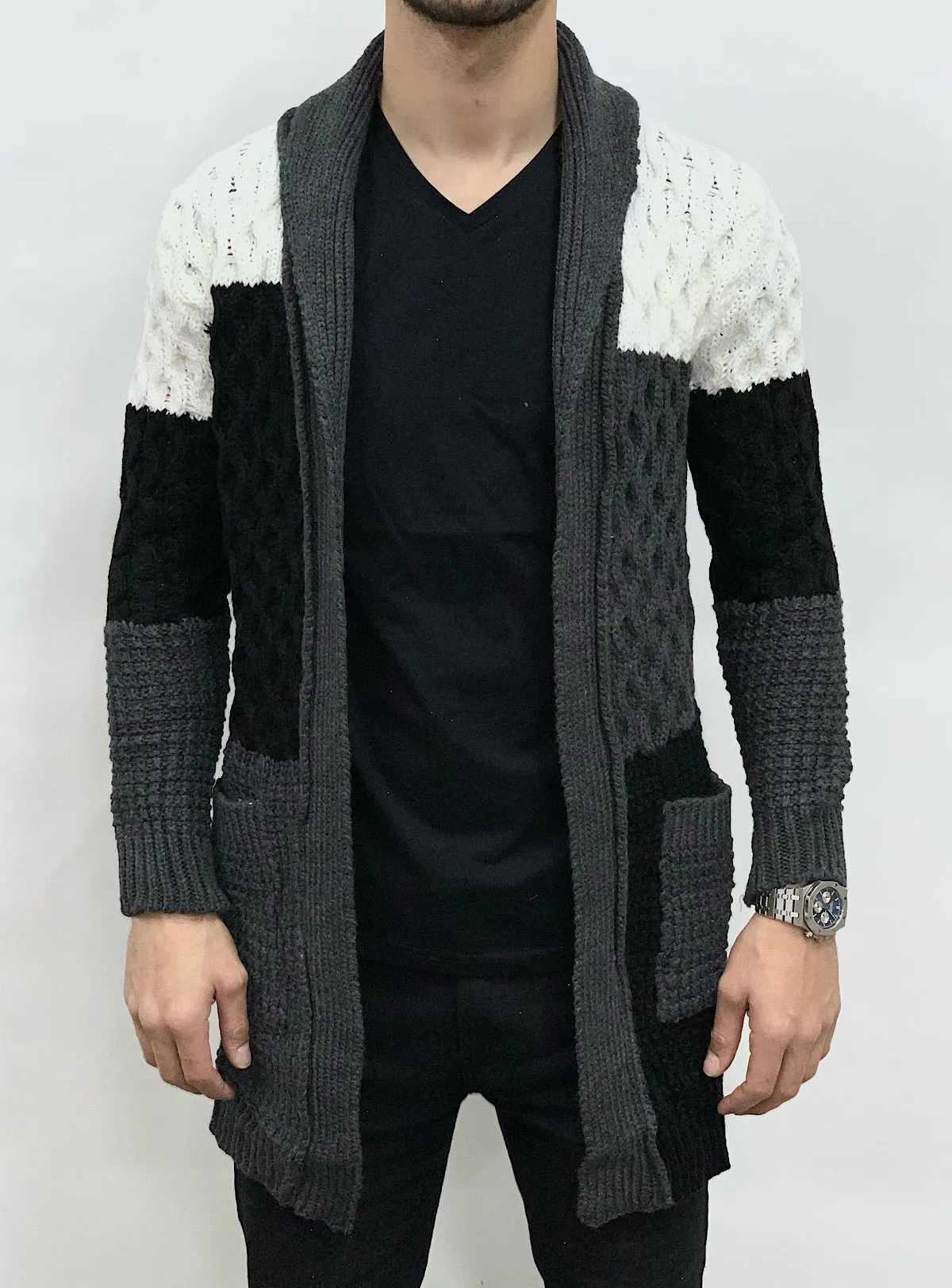 Buyer's Choice Sweater - Cardigan - Grey With Black And White - KA2045