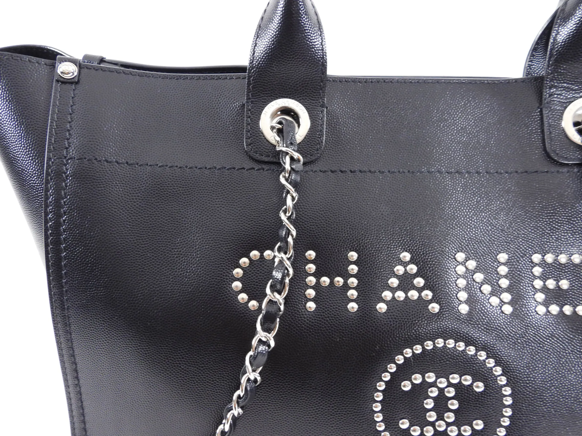 Chanel Black Deauville Caviar Leather Studded Large Tote Bag