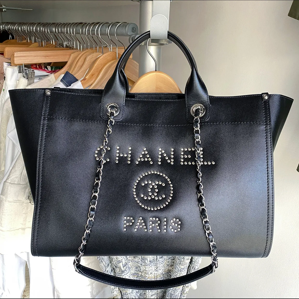 Chanel Black Deauville Caviar Leather Studded Large Tote Bag