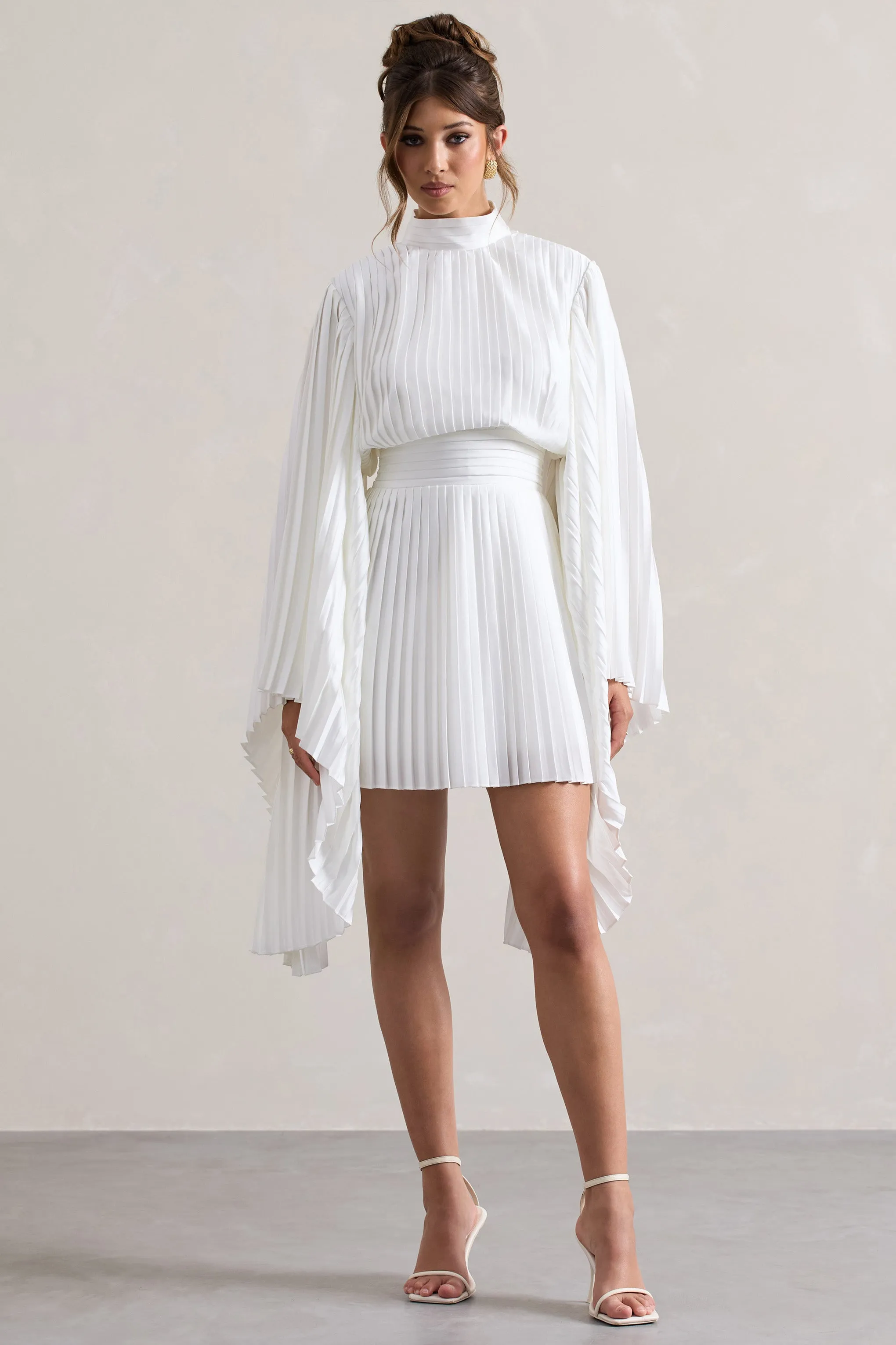 Charity | White Pleated High-Neck Mini Dress With Cape Sleeves