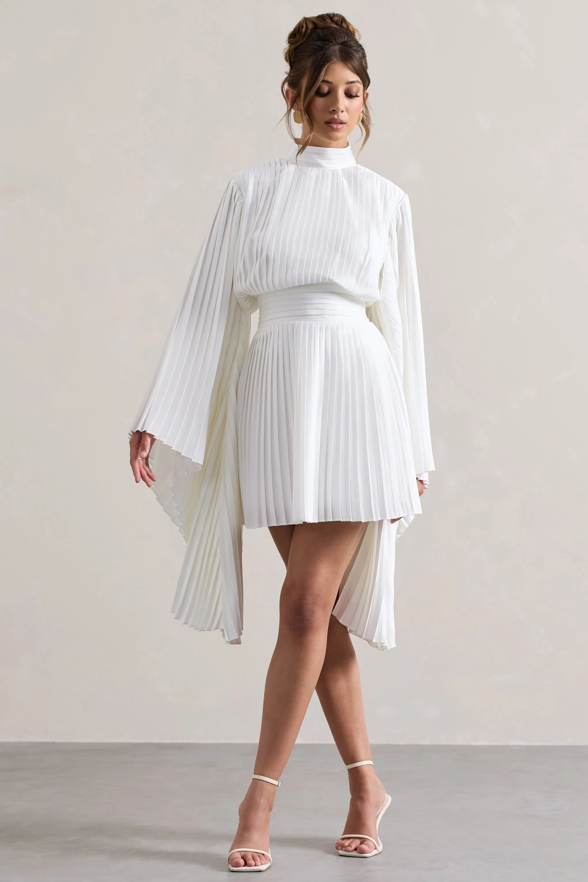 Charity | White Pleated High-Neck Mini Dress With Cape Sleeves