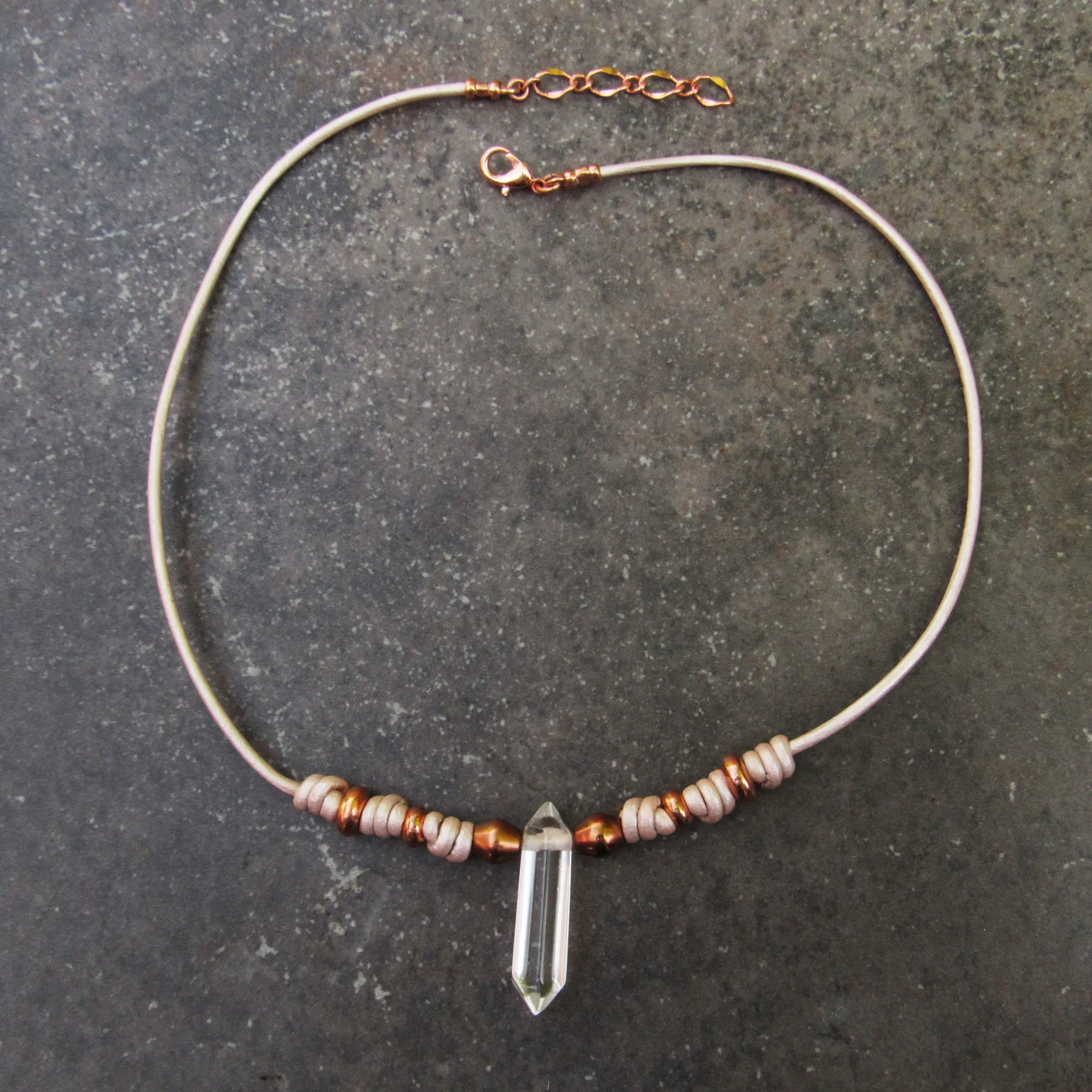 Clear Quartz gemstone and Copper on Metallic Pink Leather Necklace