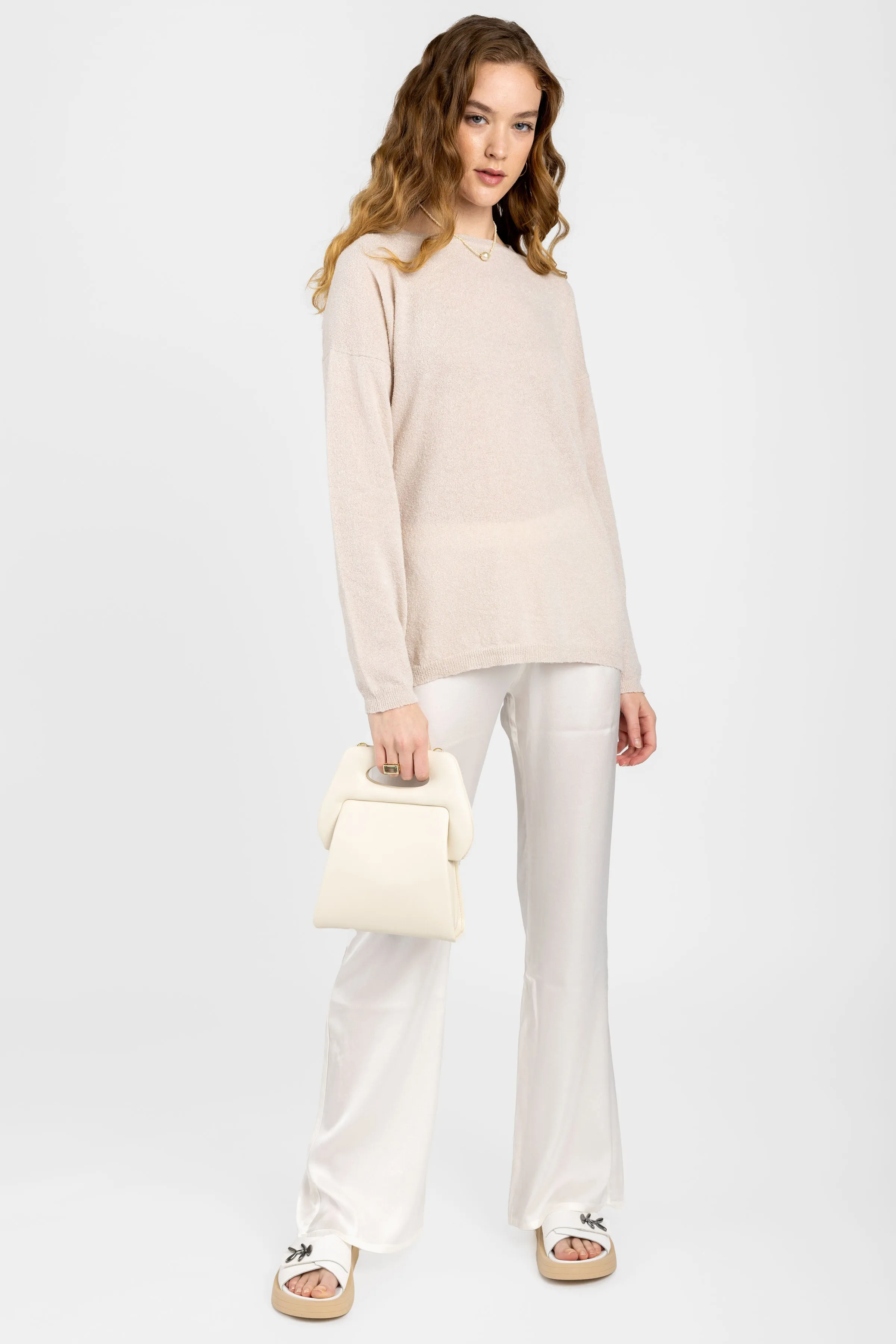 Cotton Silk Crewneck Pullover Sweater in Pearl