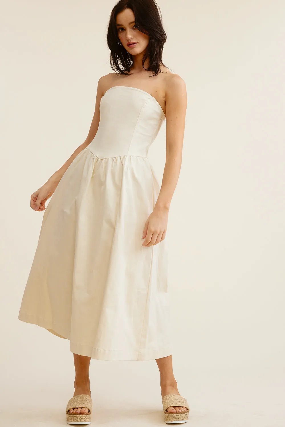 Cream Strapless Midi Dress