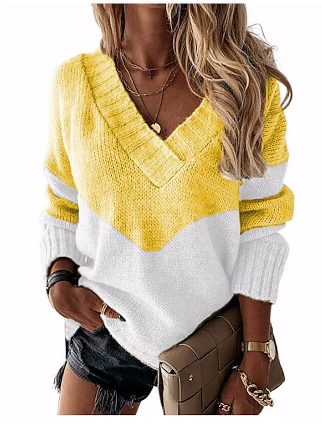 Crochet Knit Patchwork Stripe V-Neck Sweater for Women - Fall/Winter Collection