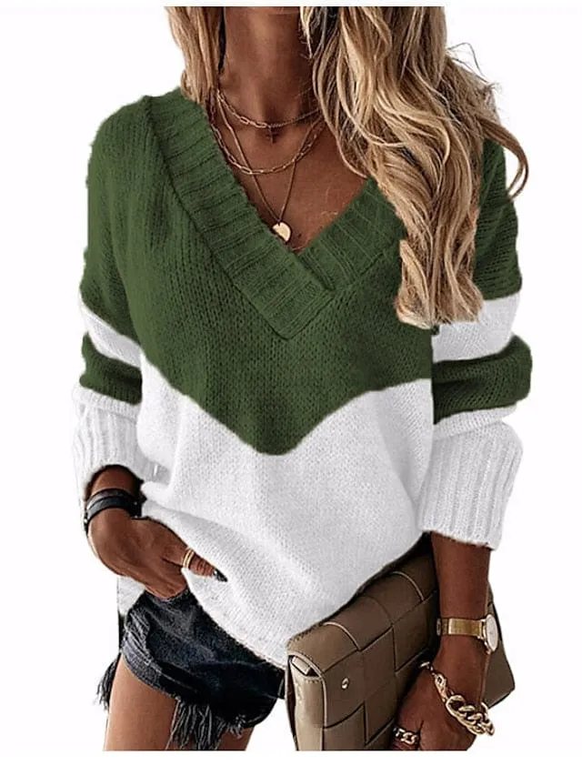 Crochet Knit Patchwork Stripe V-Neck Sweater for Women - Fall/Winter Collection