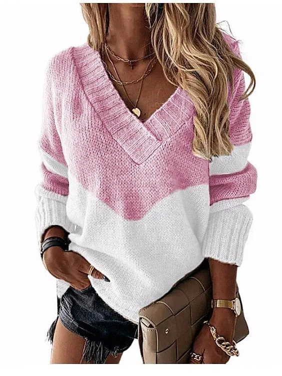 Crochet Knit Patchwork Stripe V-Neck Sweater for Women - Fall/Winter Collection