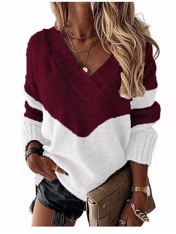 Crochet Knit Patchwork Stripe V-Neck Sweater for Women - Fall/Winter Collection