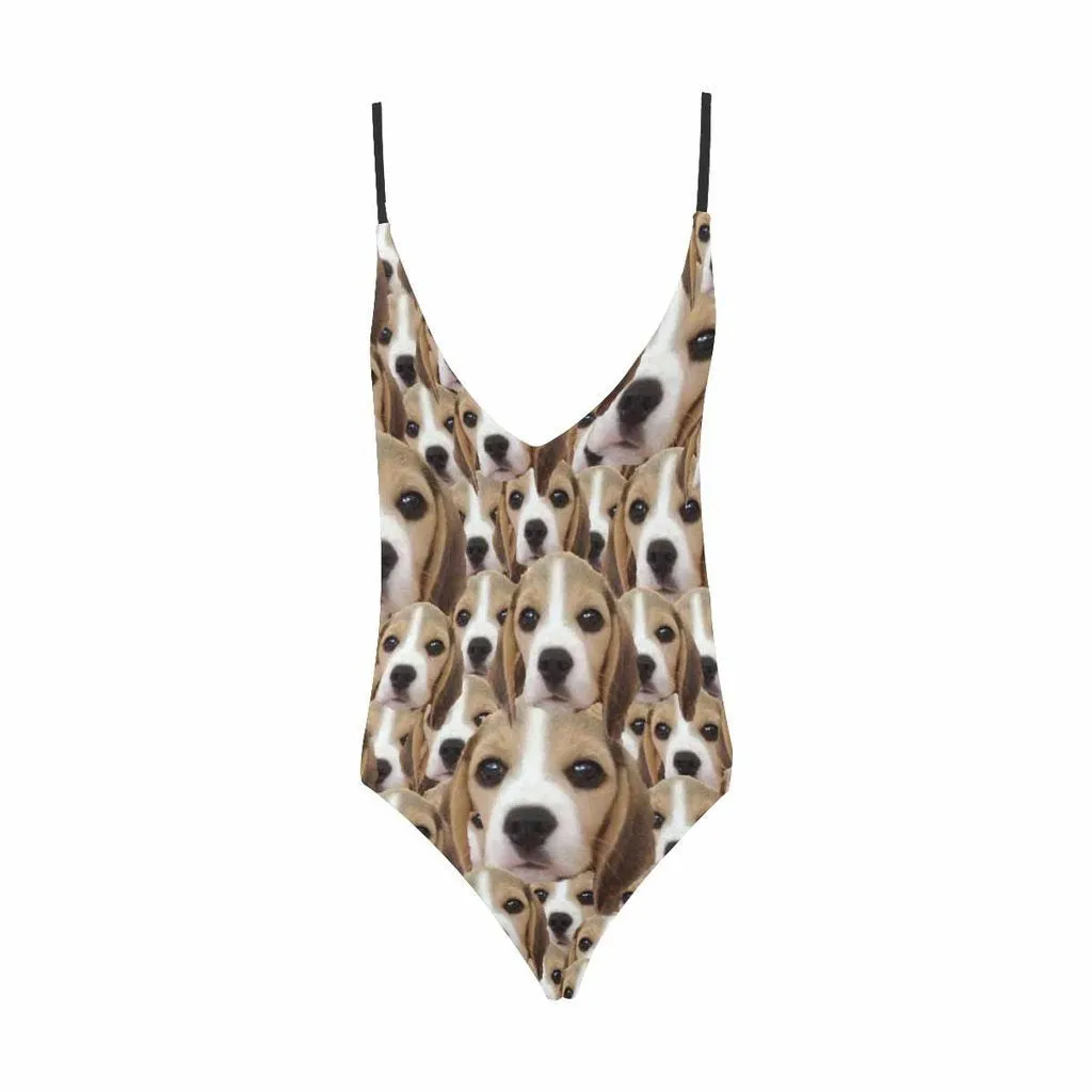 Custom Cute Dog Face V-Neck Women's One Piece Sexy Swimsuit