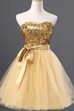 Cute Golden Strapless Mini Homecoming Dresses Tulle Sequin Sweet 16 Dress With Belt