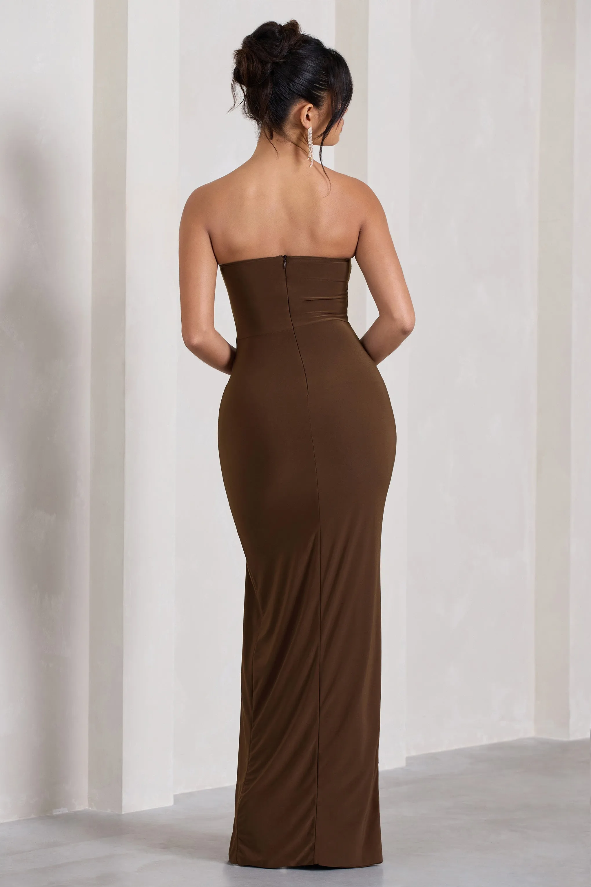 Dawning | Chocolate Brown Bandeau Knotted Split Maxi Dress