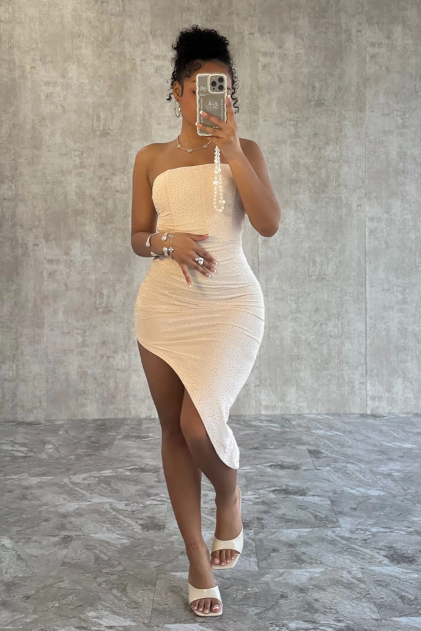 Definitely You Stone Mesh Asymmetrical Dress