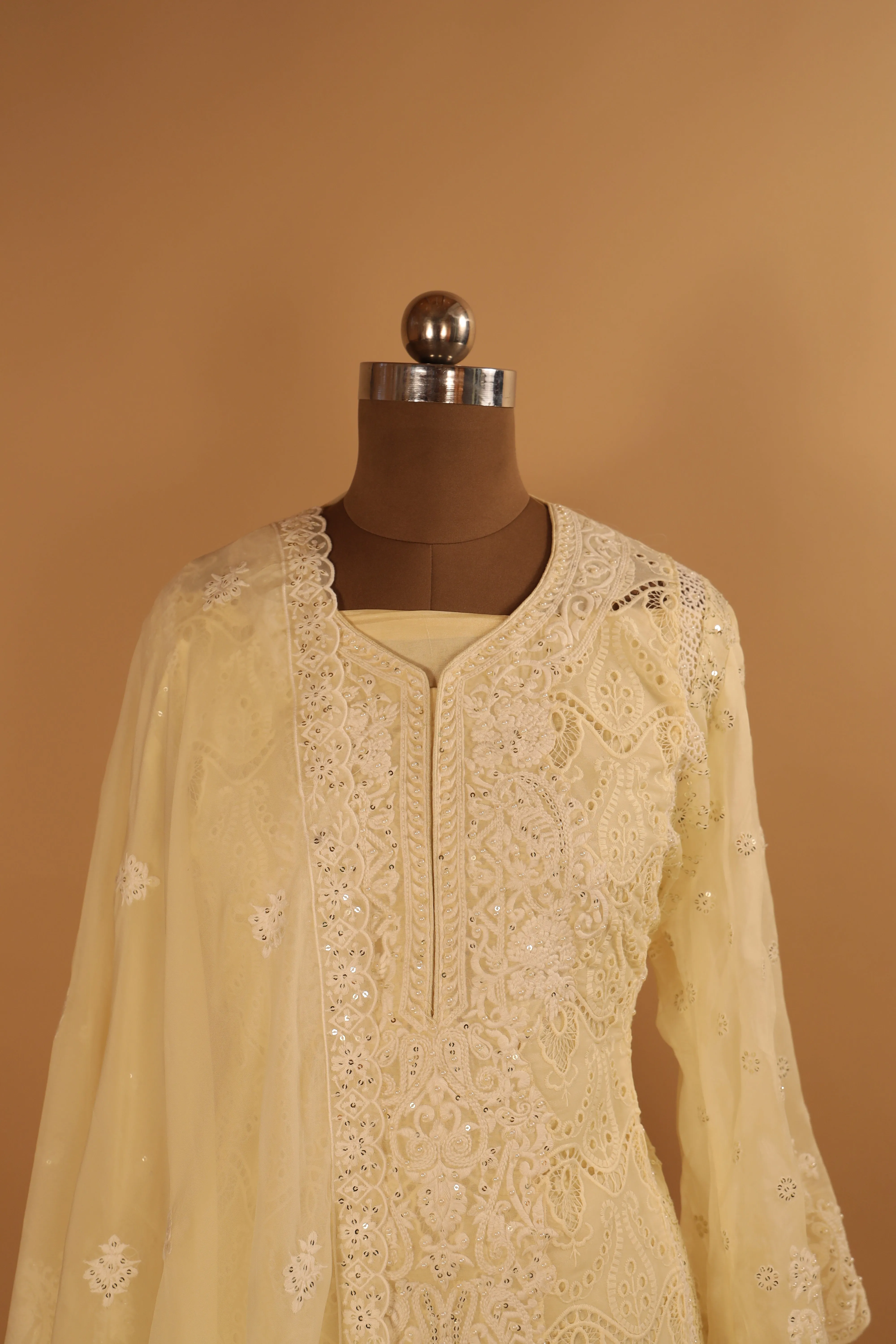 Designer  Cream Embroidered Cutwork Organza Suit Dupatta