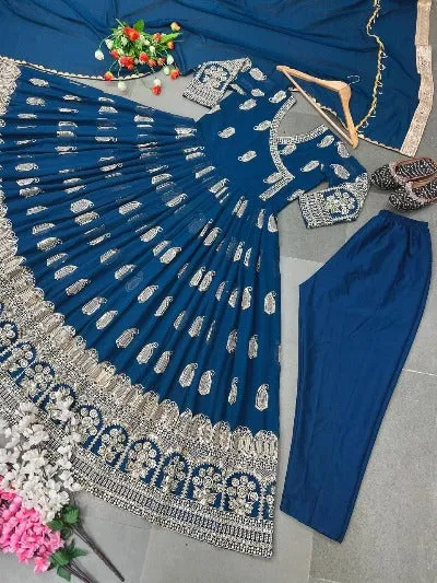 Designer Partywear Teal Blue Georgette Embroidered Anarkali Set