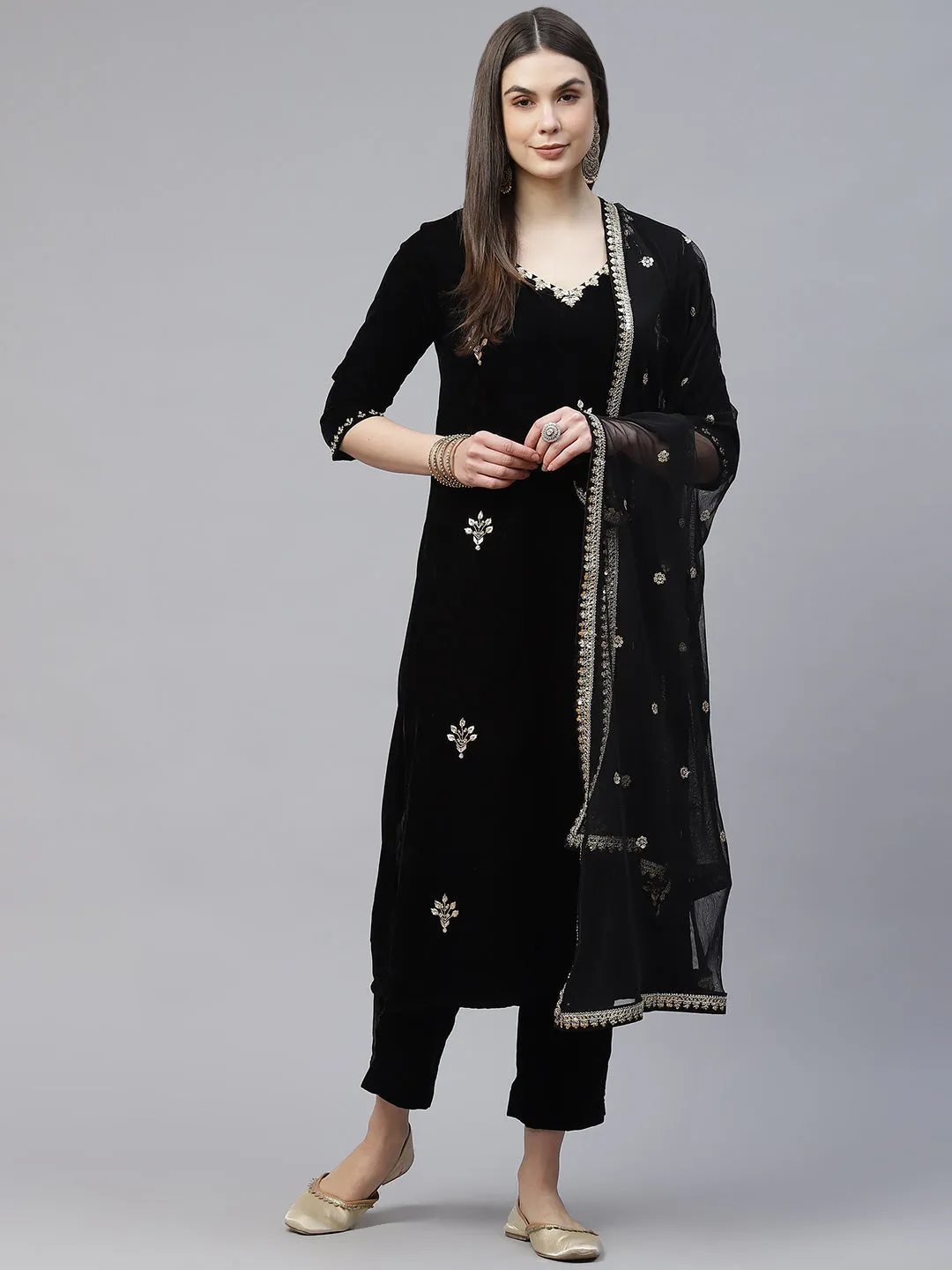 Divena Black Velvet hand work Kurta pant With Net Dupatta set