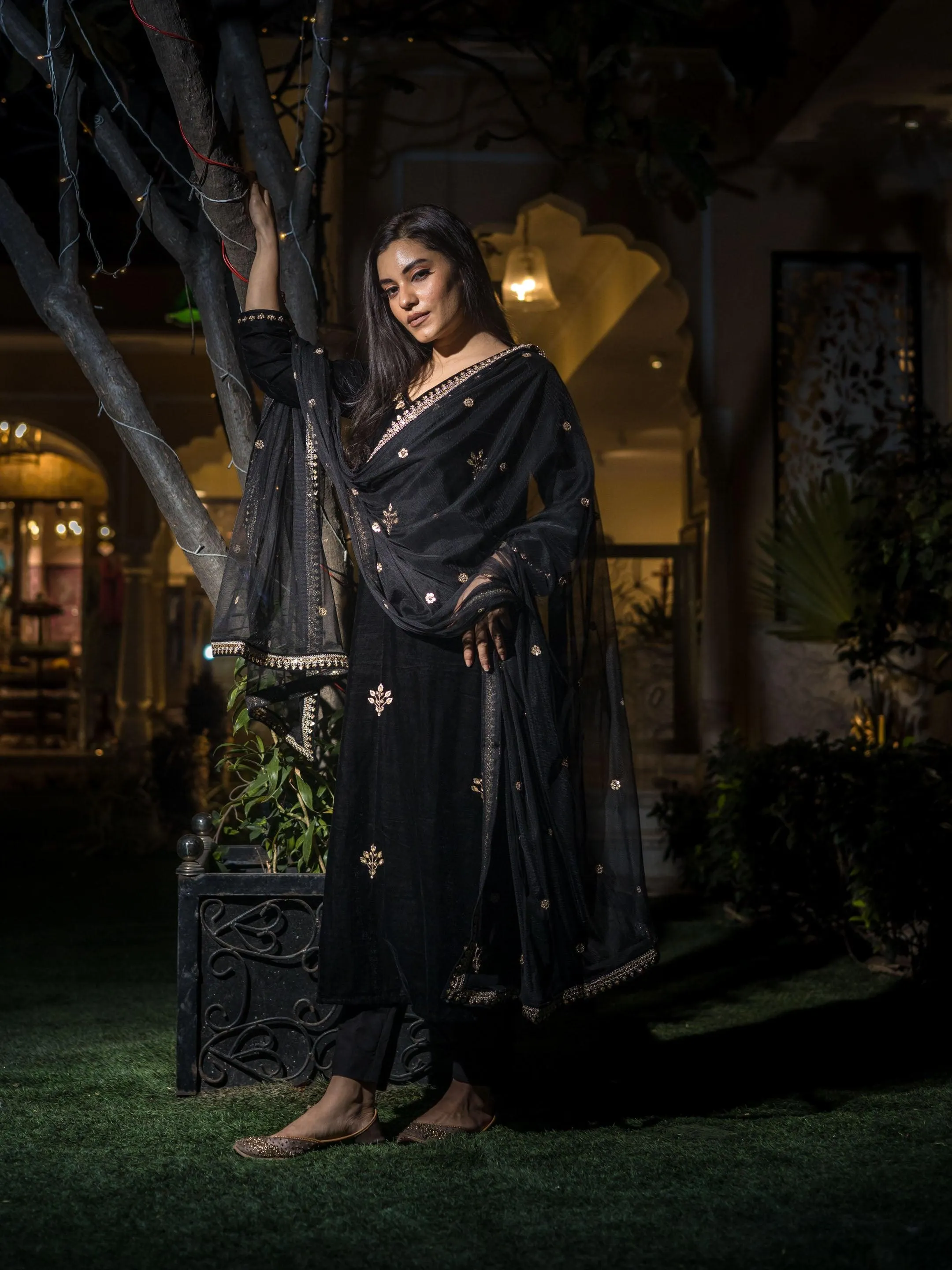 Divena Black Velvet hand work Kurta pant With Net Dupatta set