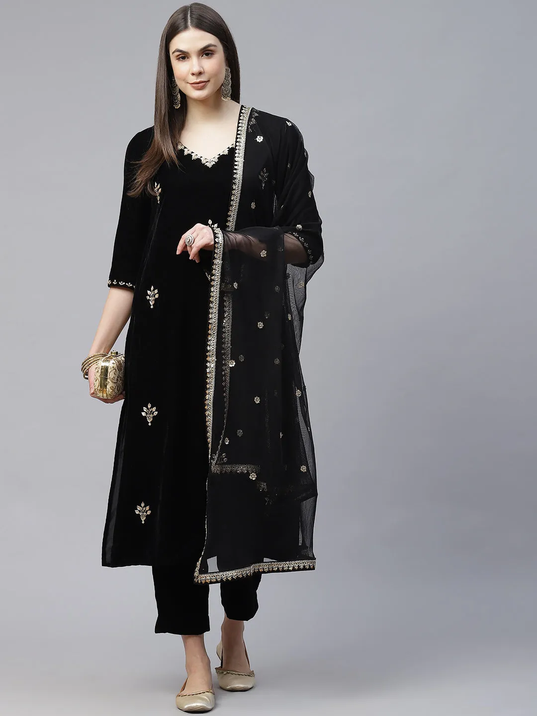 Divena Black Velvet hand work Kurta pant With Net Dupatta set