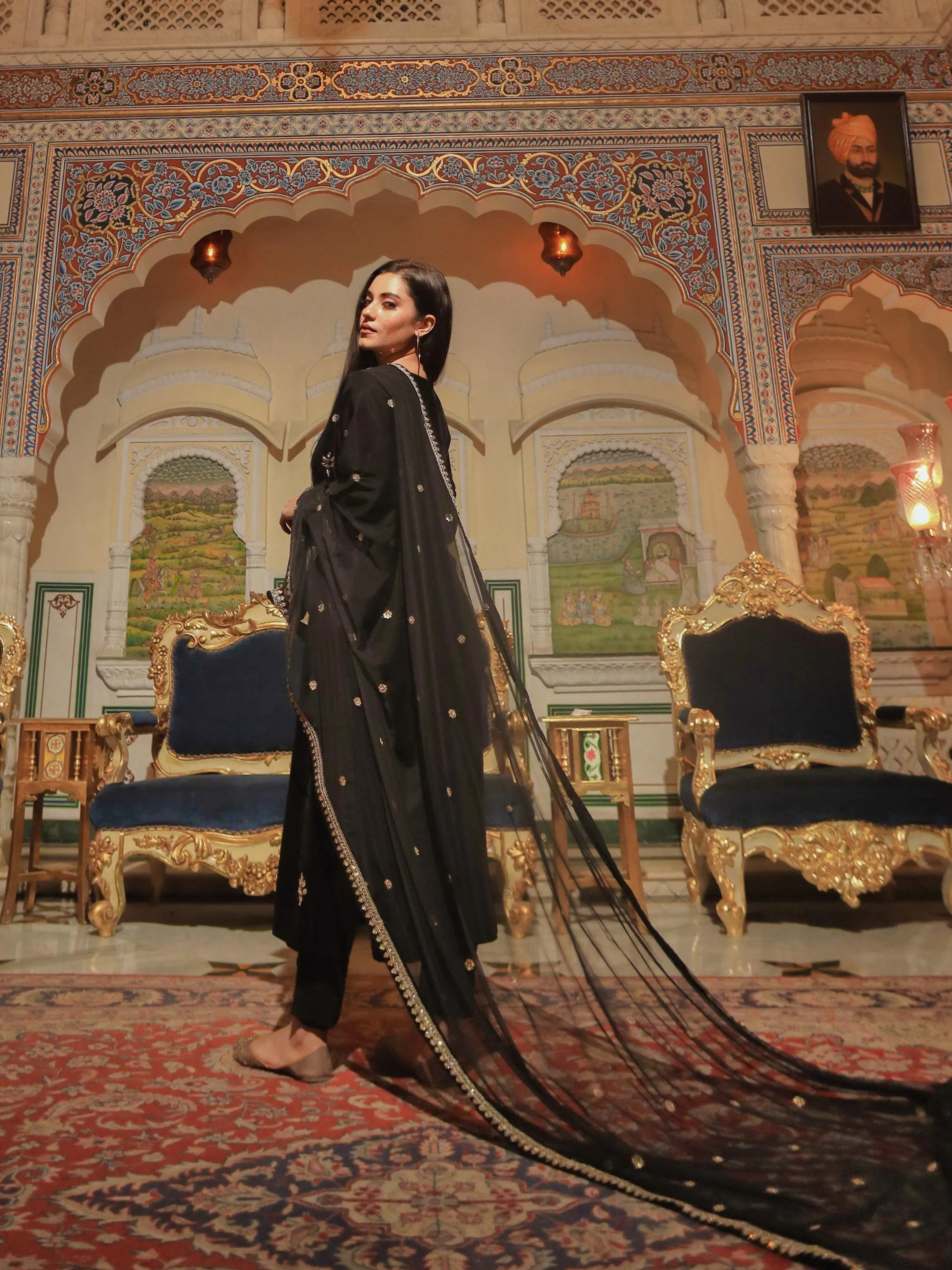 Divena Black Velvet hand work Kurta pant With Net Dupatta set