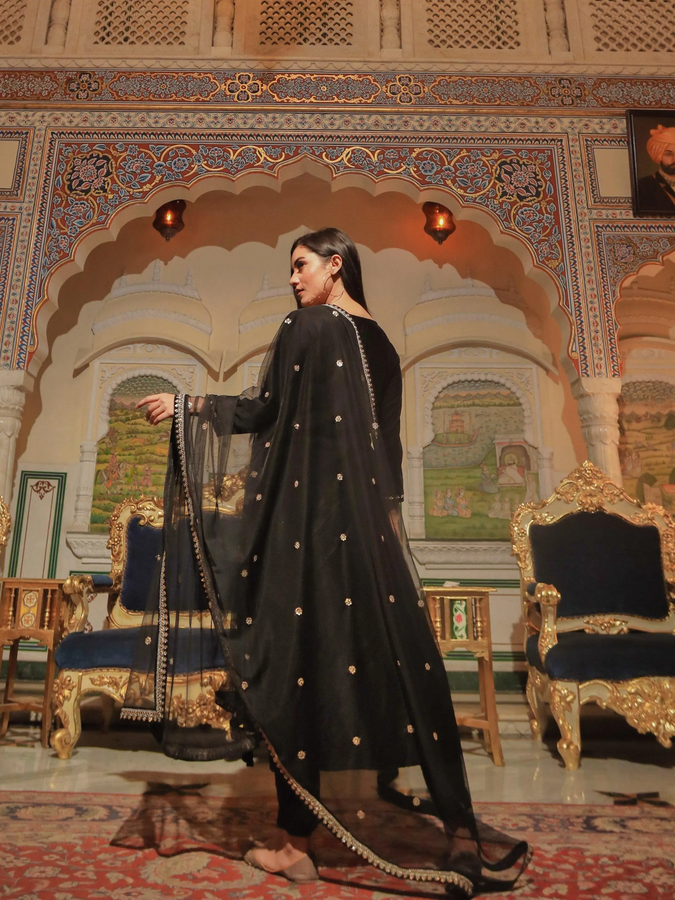 Divena Black Velvet hand work Kurta pant With Net Dupatta set