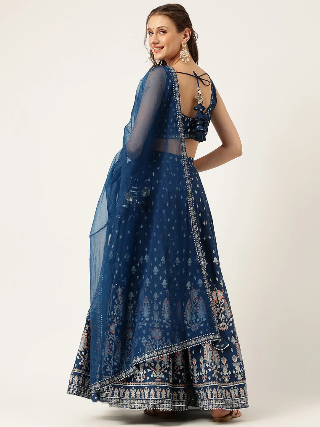 Divena Blue Rayon Flared Lehenga Choli Set with Organza Dupatta