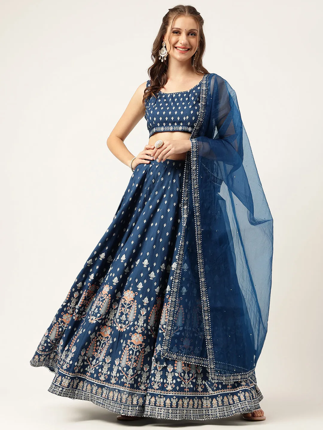 Divena Blue Rayon Flared Lehenga Choli Set with Organza Dupatta