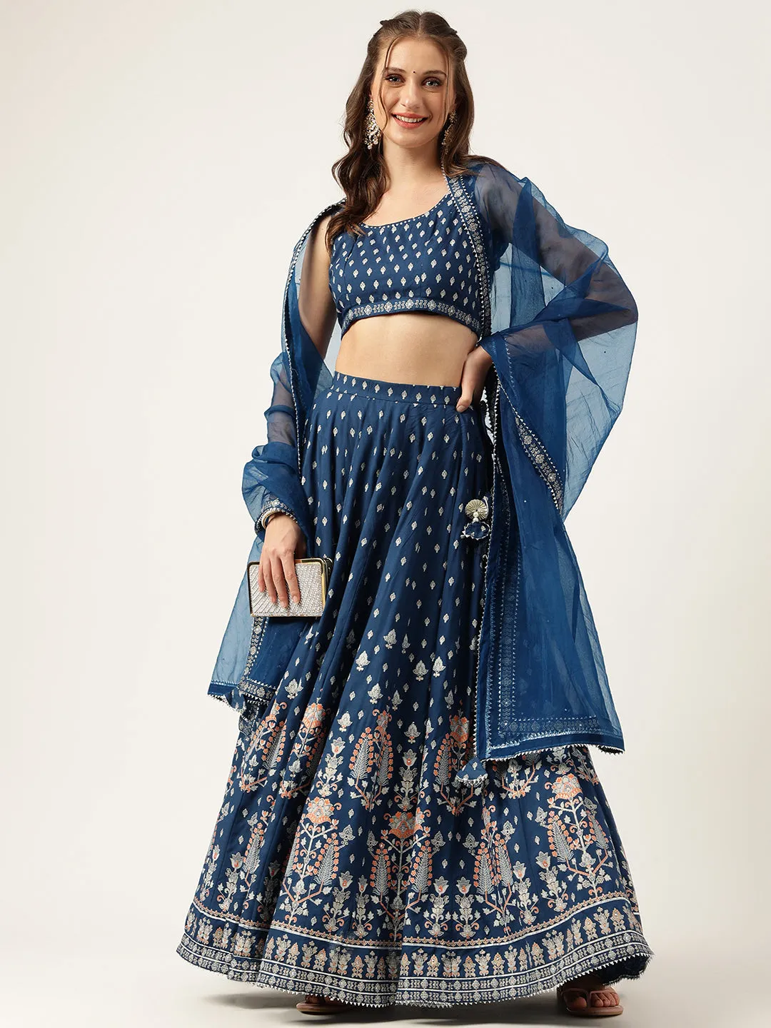 Divena Blue Rayon Flared Lehenga Choli Set with Organza Dupatta