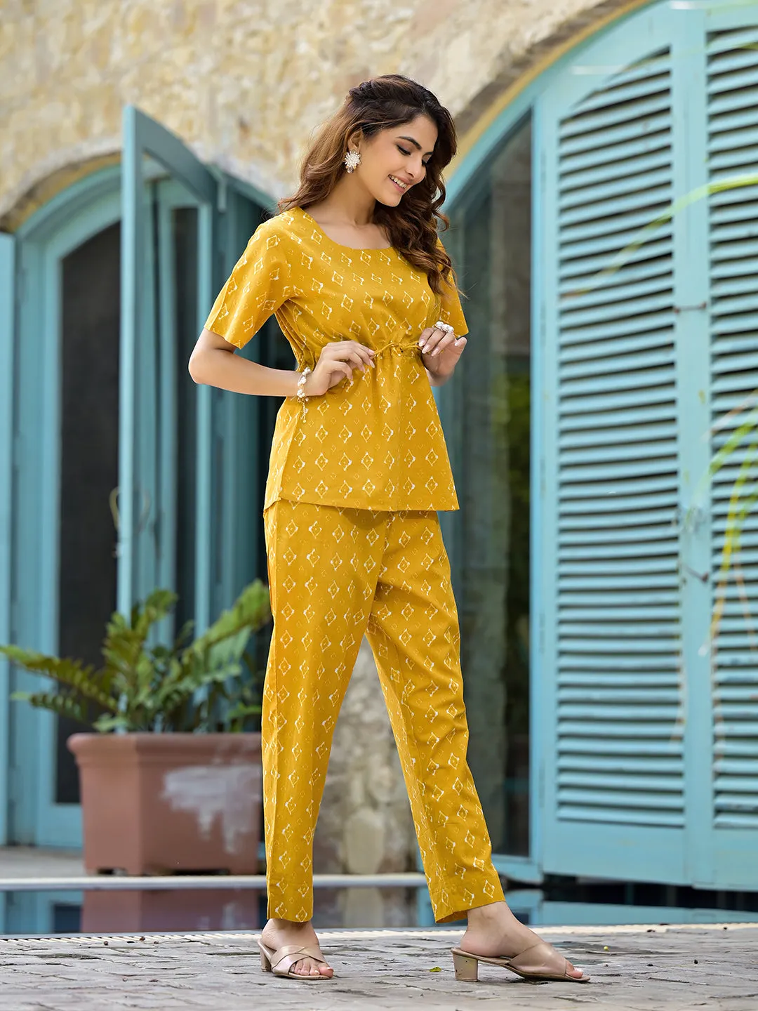 Divena Mustard Cotton A-line Night Suit with Adjustable Waist Dori