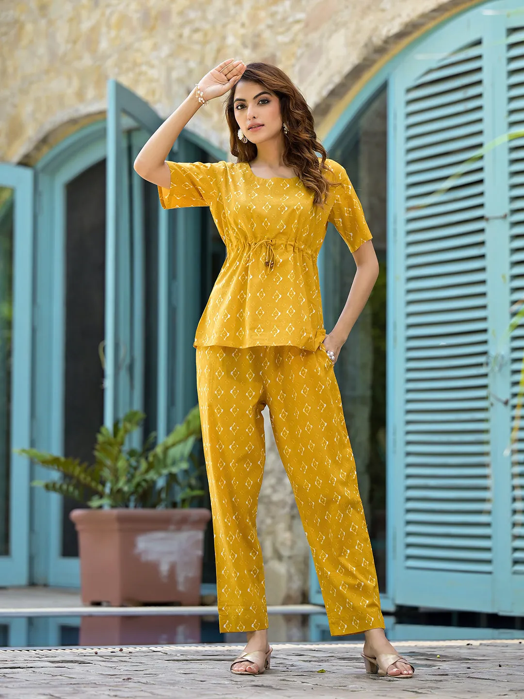 Divena Mustard Cotton A-line Night Suit with Adjustable Waist Dori