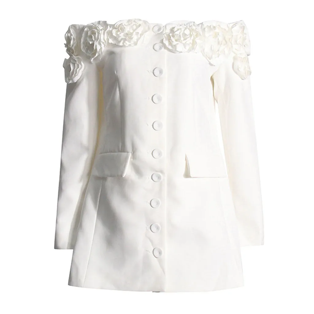 Dreamy Rosette Applique Off Shoulder Button Up Long Sleeve Tailored Blazer