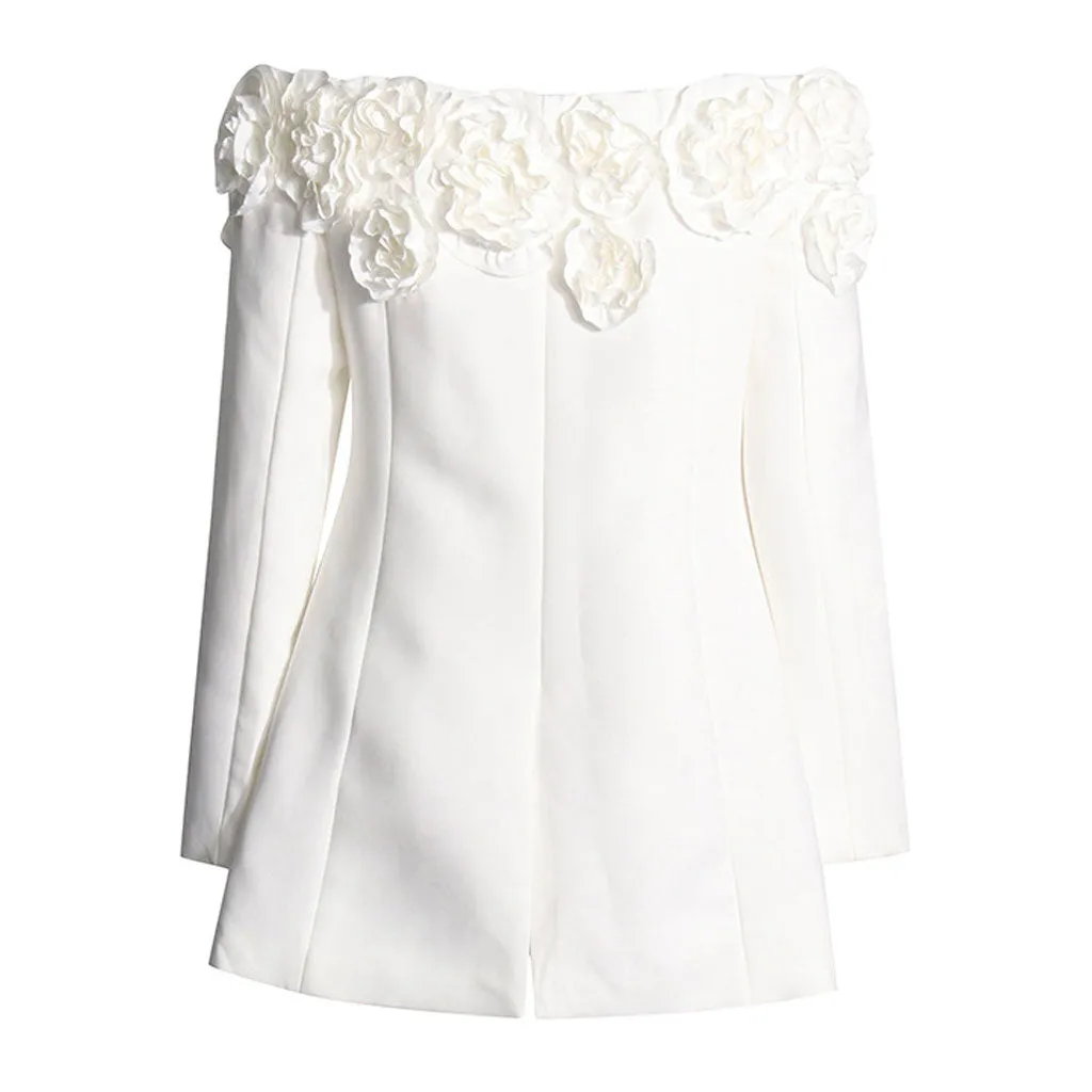 Dreamy Rosette Applique Off Shoulder Button Up Long Sleeve Tailored Blazer