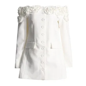 Dreamy Rosette Applique Off Shoulder Button Up Long Sleeve Tailored Blazer