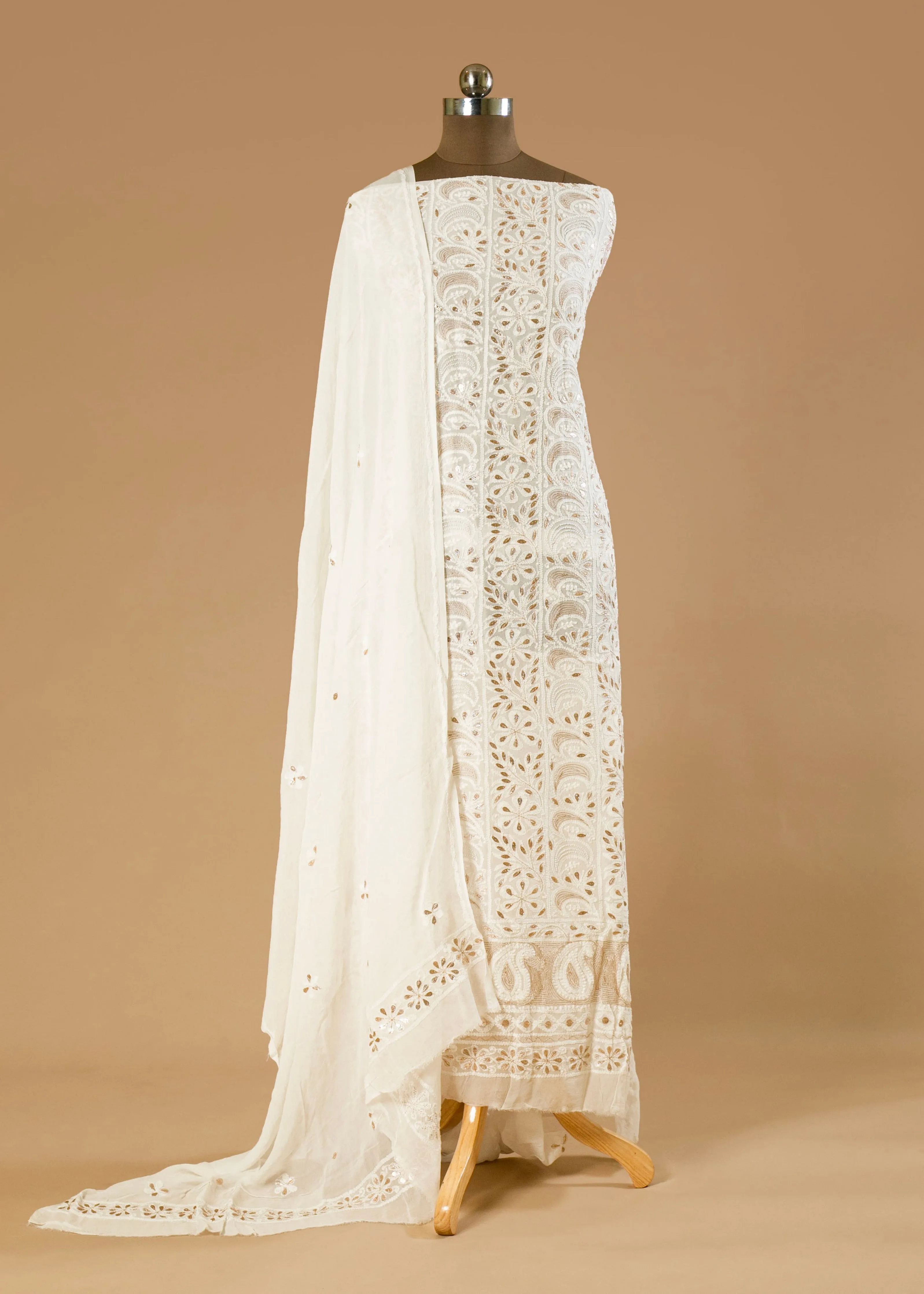 Dyeable Hand-Embroidered Chikankari Lucknowi Suit with Pearl, Gota, and Shadow Work