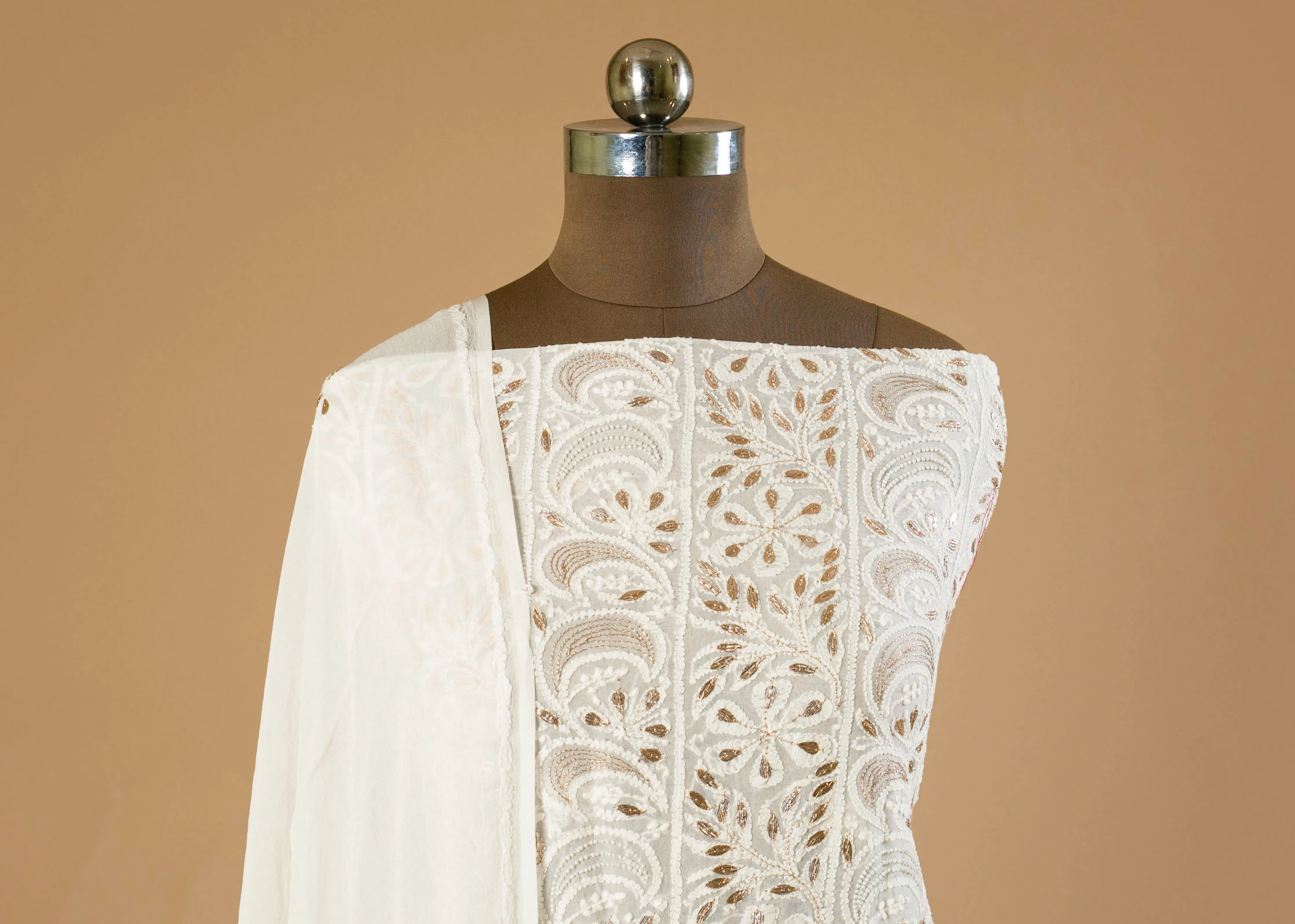 Dyeable Hand-Embroidered Chikankari Lucknowi Suit with Pearl, Gota, and Shadow Work