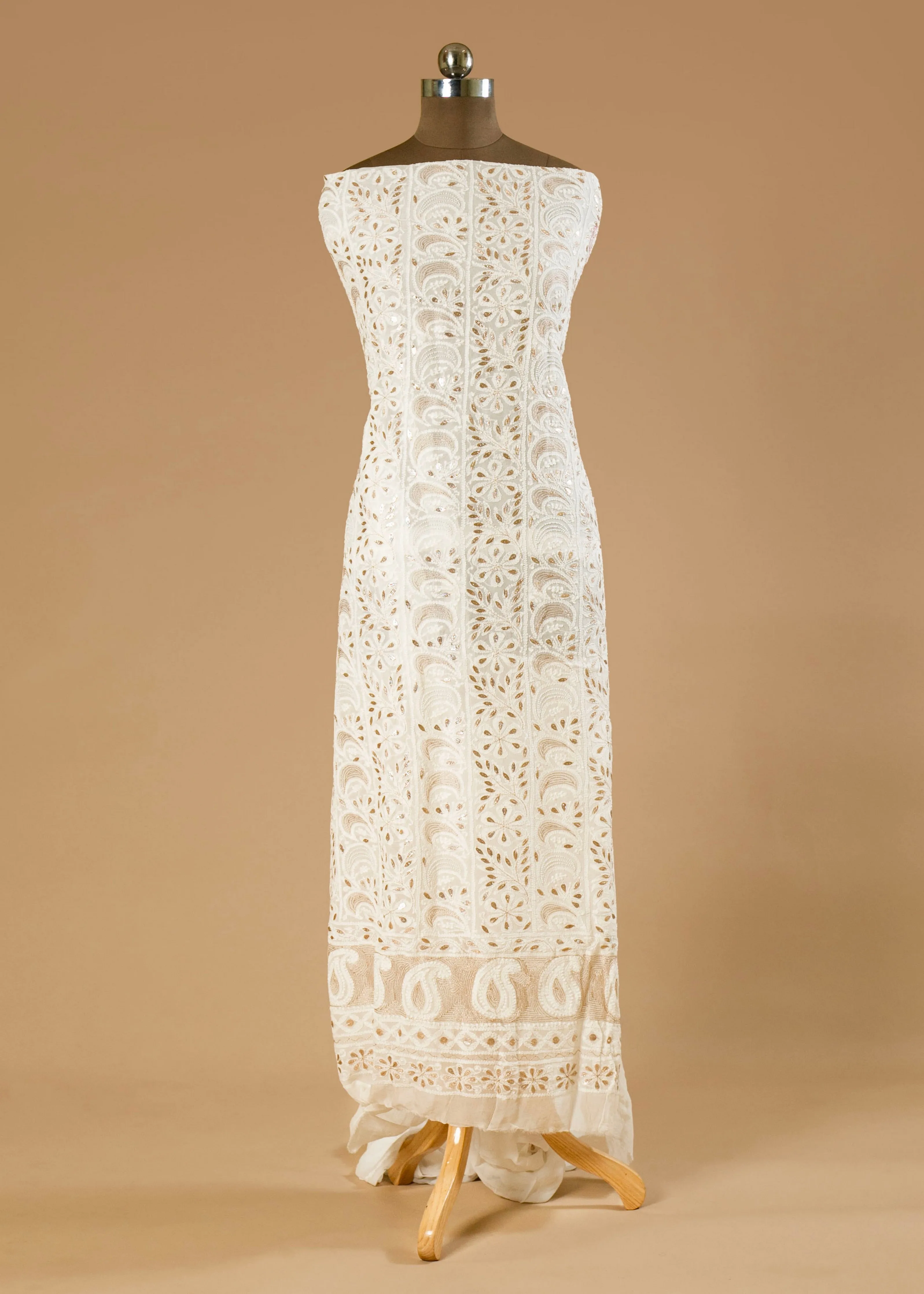 Dyeable Hand-Embroidered Chikankari Lucknowi Suit with Pearl, Gota, and Shadow Work