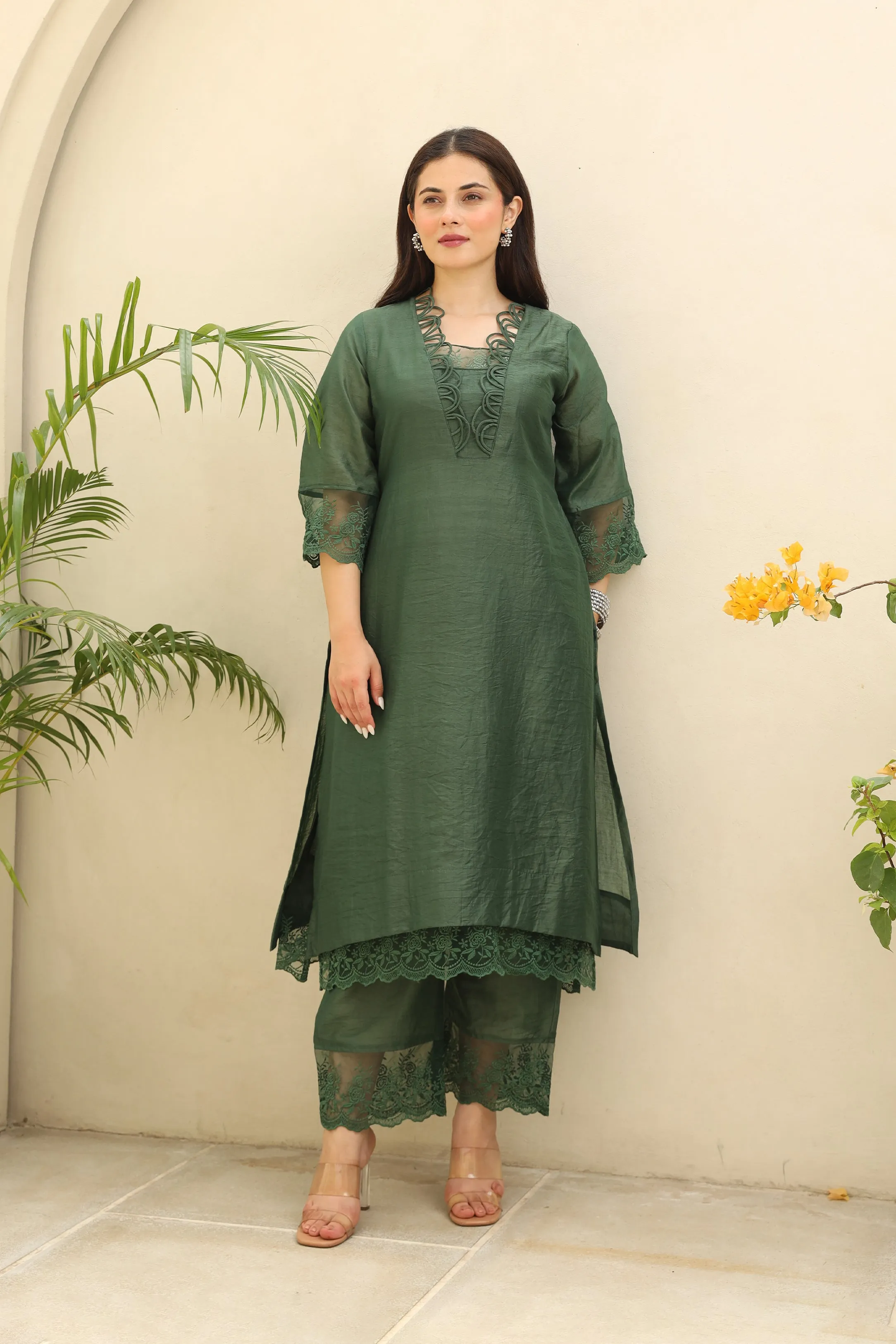 Emerald Elegance Chanderi fabric suit set