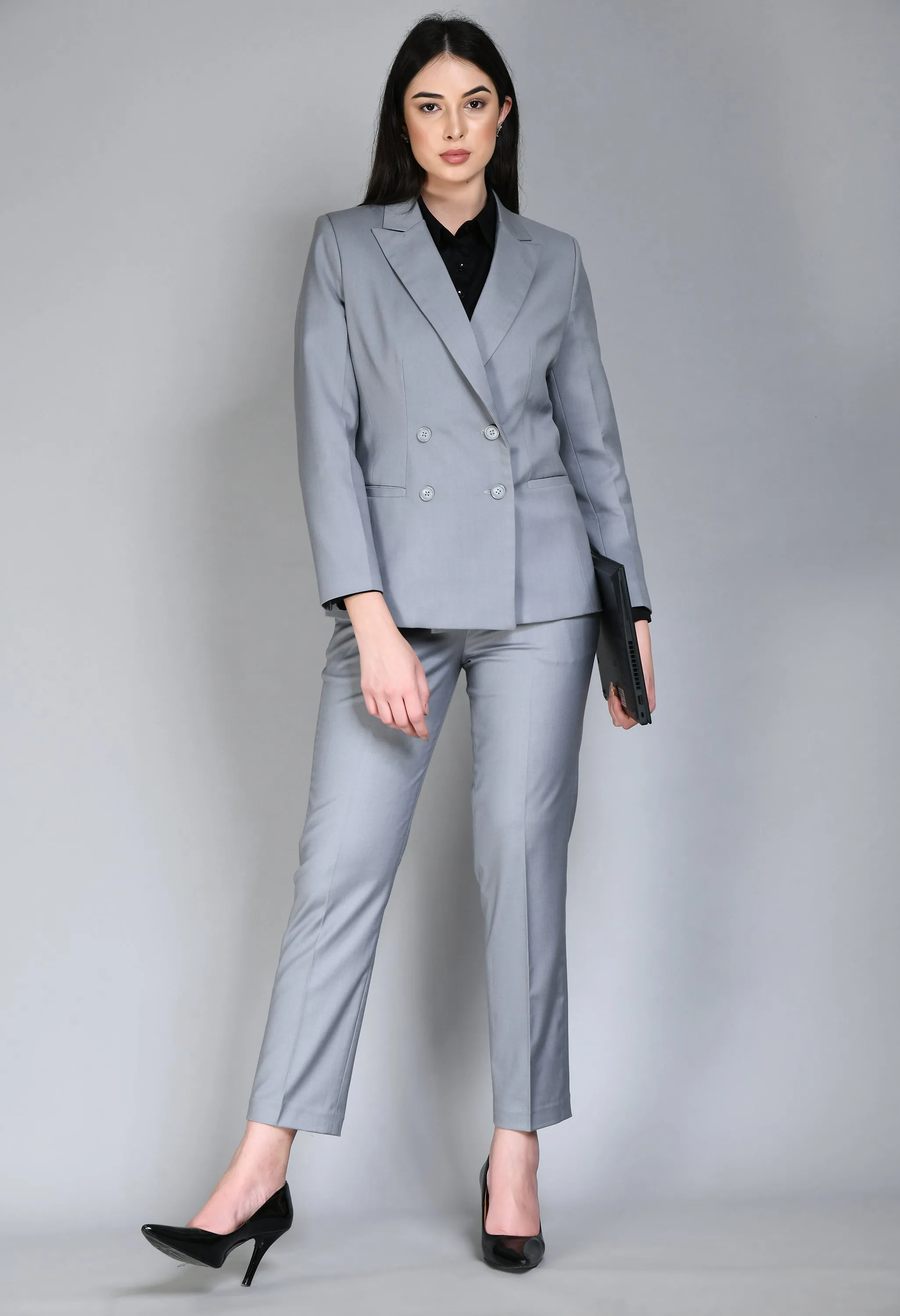 Exude Enthusiasm Double Breasted Blazer Pant Suit (Grey)