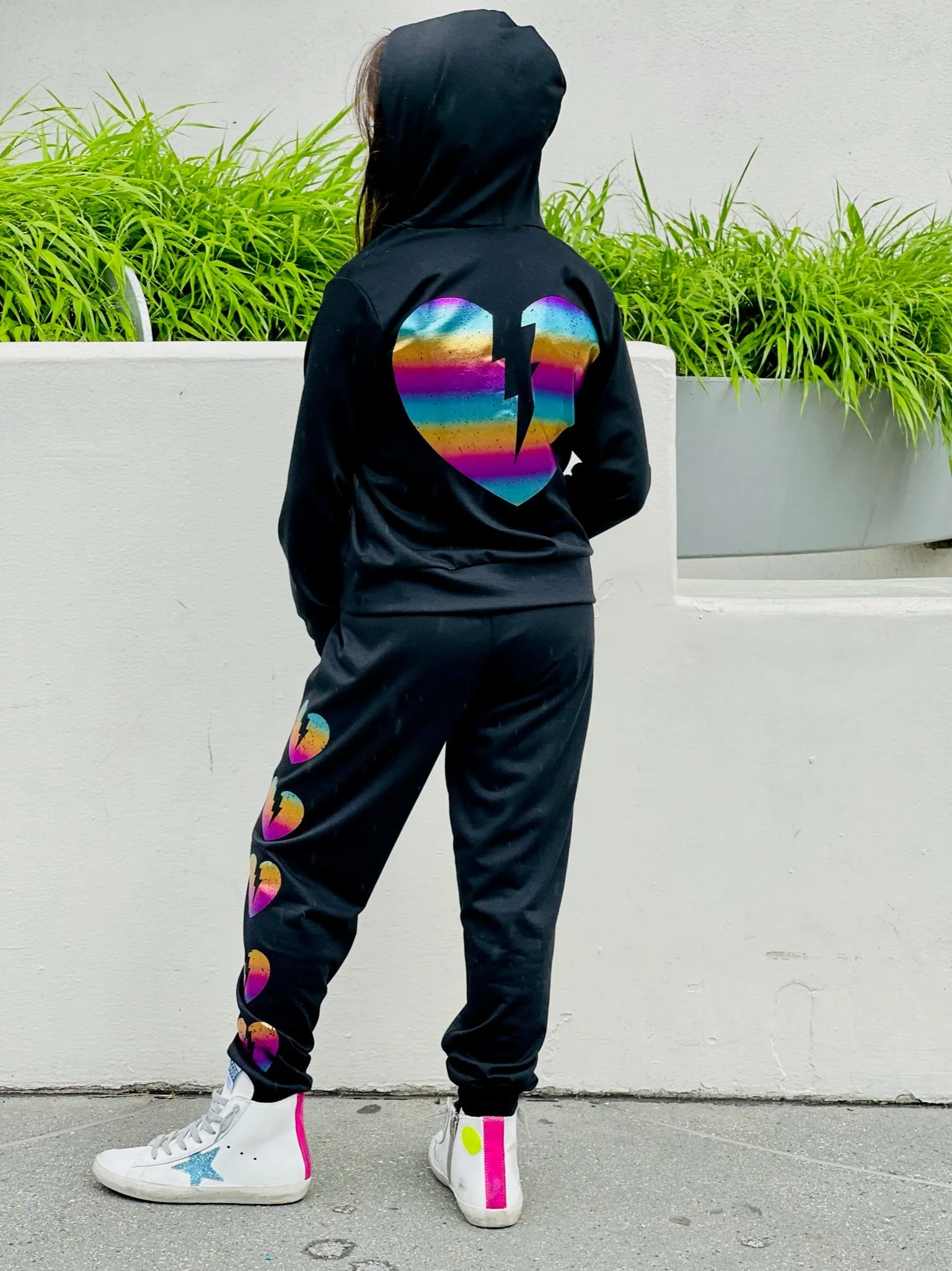 French Terry Zip Hoodie - Black Rainbow Foil Broken Heart