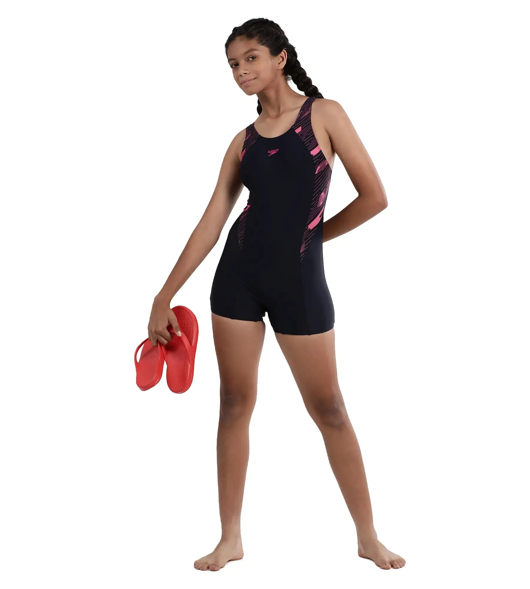 Girl's Endurance Hyperboom Splice Muscleback  Legsuit Swimwear - True Navy & Electricpink