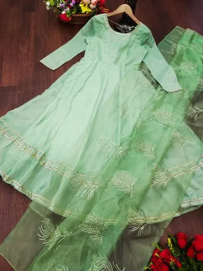 Green Chanderi Cotton Anarkali Dupatta Set Of 2