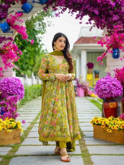 Green Foral Chinnon Flared Anarkali Salwar Suit Set