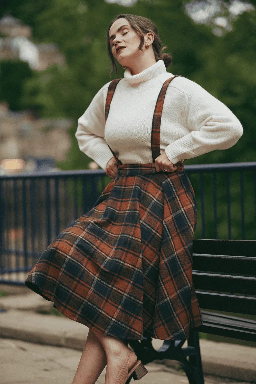 Halloween Woollen Swing Skirt Navy and Rust Check wth braces